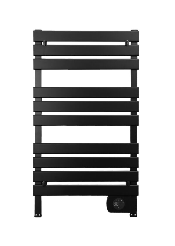 black-500w-aluminum-heated-towel-rack-manufacturer 500W black aluminum heated towel rack with LED touch control from leading manufacturer.
