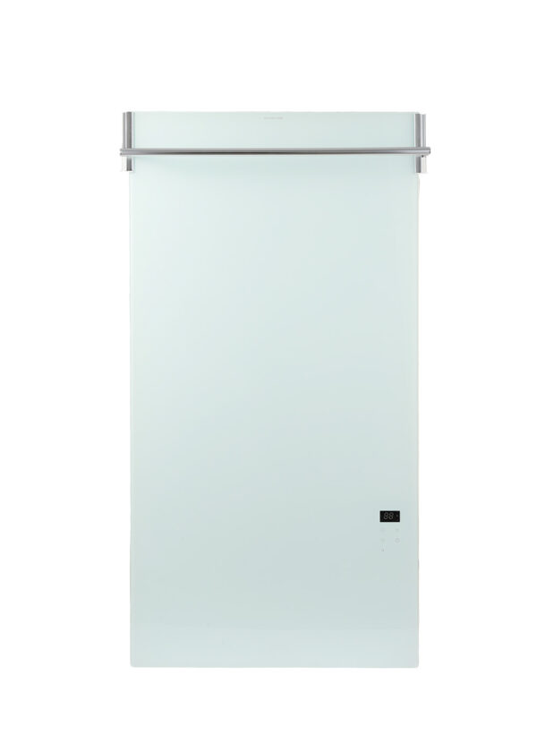 Double tempered glass heated towel rack with aluminum bars and IP34 wall-mounted design.