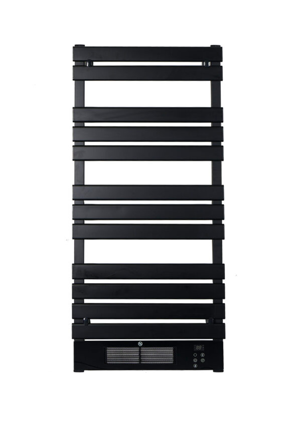 renowell-2100w-black-smart-towel-rail-ptc-fan-heater Renowell 2100W black smart towel rail with high-power PTC fan heater and WiFi.