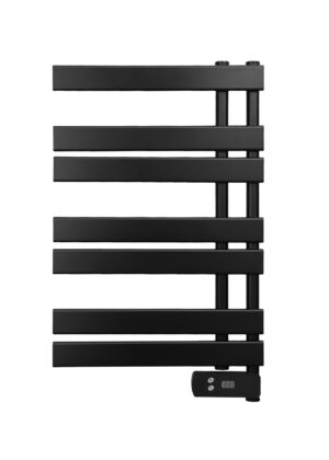 Renowell white asymmetric designer electric heated towel rail with a modern minimalist look.