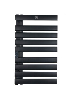 Smart WiFi black aluminum heated towel rack with 500W power and remote control.