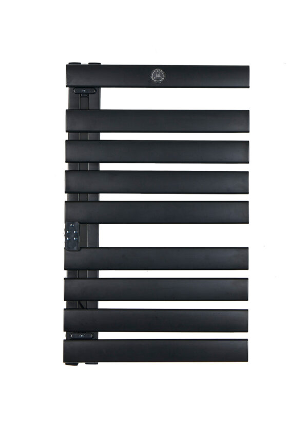 Smart WiFi black aluminum heated towel rack with 500W power and remote control.