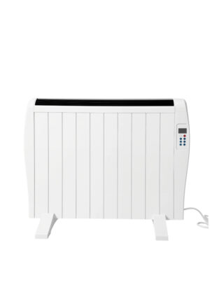 White aluminum convection heater with LCD display and versatile freestanding or wall-mount options.