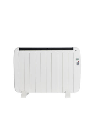 White aluminum convection heater with LED display for freestanding or wall-mounted use.