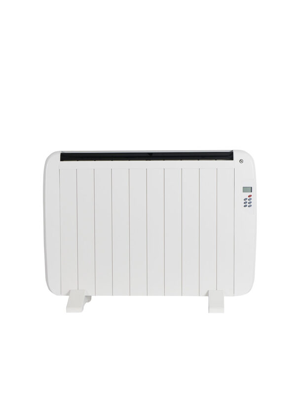 White aluminum convection heater with LED display for freestanding or wall-mounted use.