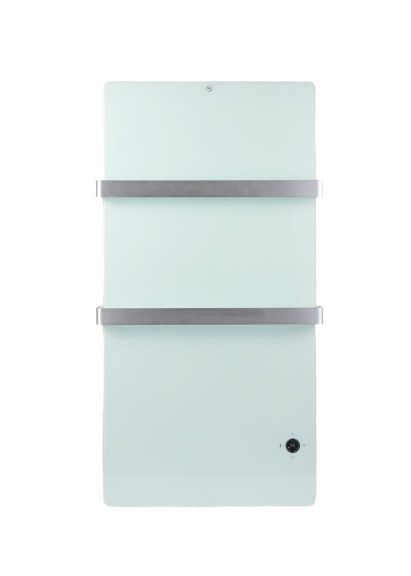 wifi-smart-tempered-glass-heated-towel-rack-600w WiFi smart tempered glass heated towel rack 600W with digital LED temperature display.