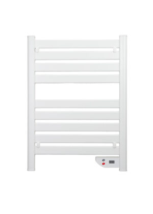 Renowell 200W aluminum electric heated towel rail available in black and white finishes.