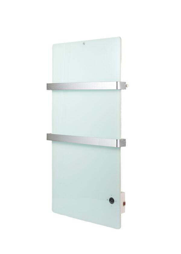bathroom-double-tempered-glass-towel-warmer-wall-mount Modern bathroom glass towel warmer with double tempered glass and space-saving wall-mount design.