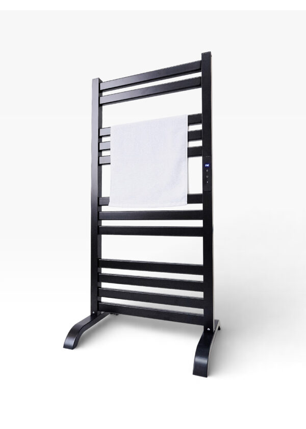 Black square tube electric towel warmer with wall-mounted or floor-mount installation.