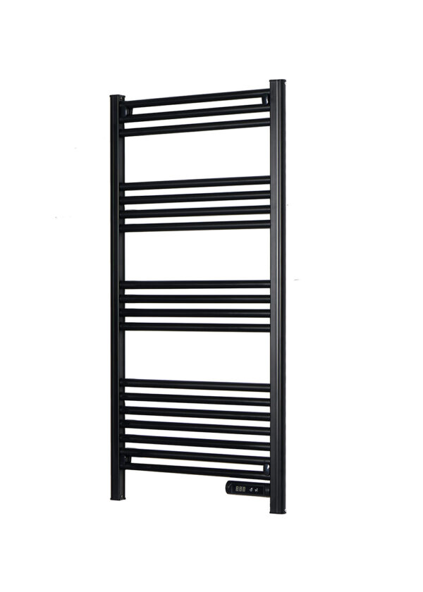 Modern matte black electric bathroom radiator with energy-efficient round tube heating.