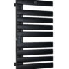 Side-opening black aluminum electric towel warmer with asymmetric design for easy towel access.