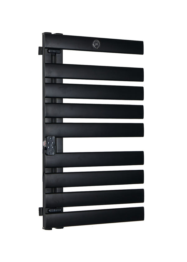 Side-opening black aluminum electric towel warmer with asymmetric design for easy towel access.