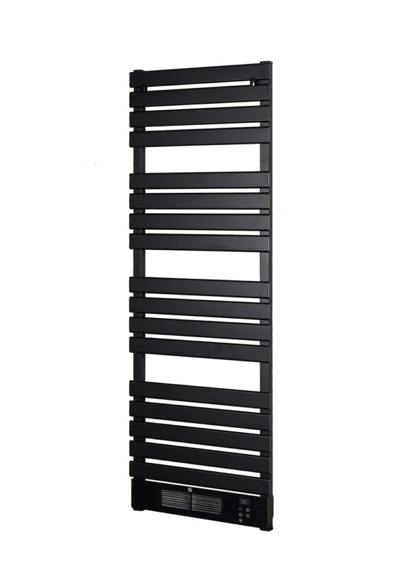 smart-wifi-black-aluminum-towel-rack-led-screen Smart black aluminum heated towel rack with WiFi app control and digital LED screen.