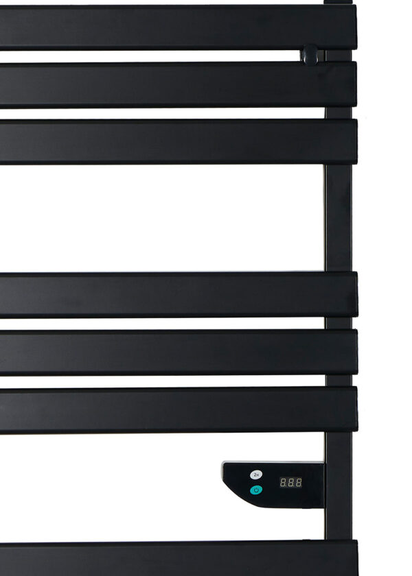 wholesale-electric-towel-warmer-500w-black-aluminum Wholesale electric towel warmer in matte black aluminum with 500W power and 24H timer.