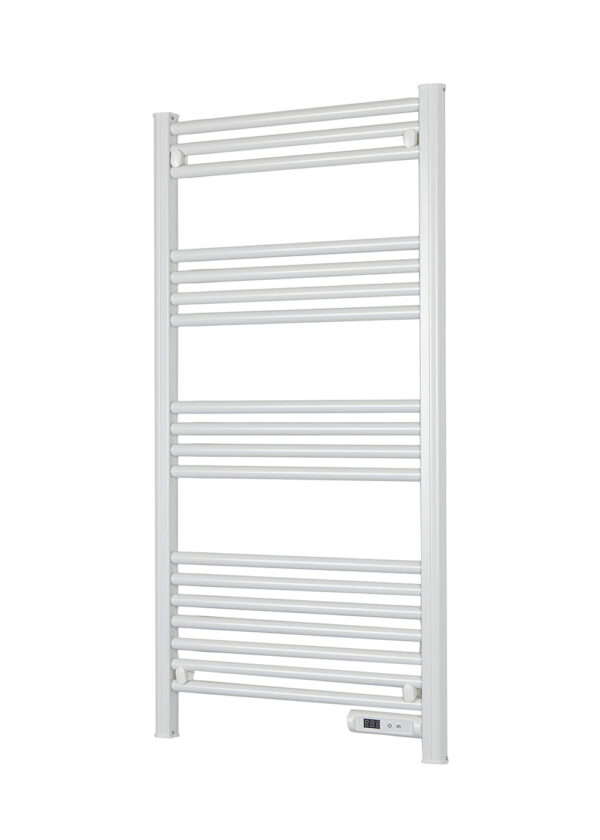 Aluminum round bar electric towel warmer with 24-hour digital timer and LED display.