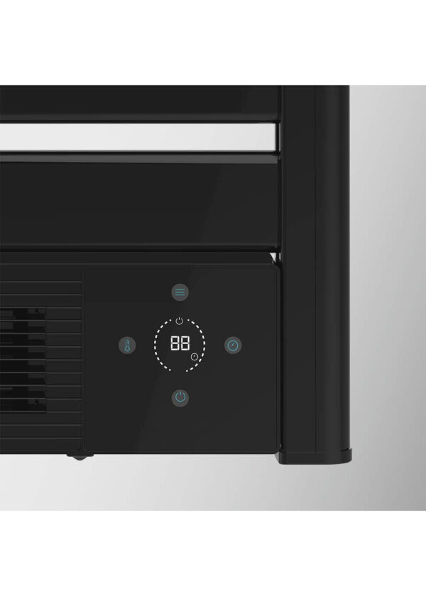 black-aluminum-towel-warmer-rapid-ptc-heating Black aluminum towel warmer with rapid PTC blower heating for quick drying.