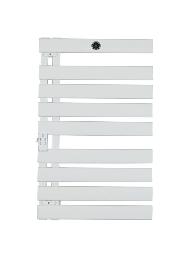Commercial white aluminum heated towel rail with WiFi control and child lock for hotel projects.