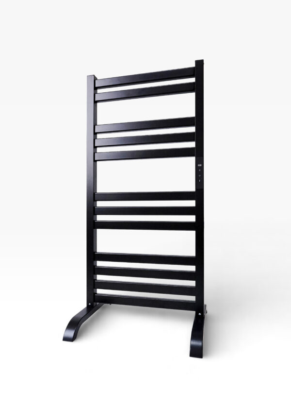 Aluminum bathroom radiator with 24-hour digital timer and smart LED display.