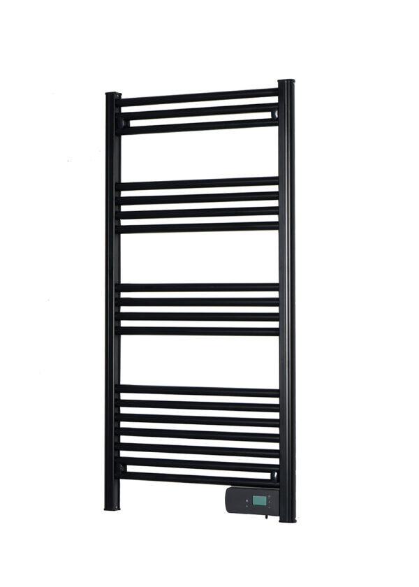 factory-direct-aluminum-electric-towel-rail-24h-timer Factory-direct aluminum electric towel rail with programmable 24-hour digital timer.