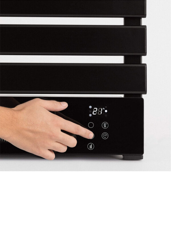 smart-wifi-app-controlled-black-towel-warmer-led-screen Smart WiFi App-controlled black towel warmer with digital LED touch screen interface.