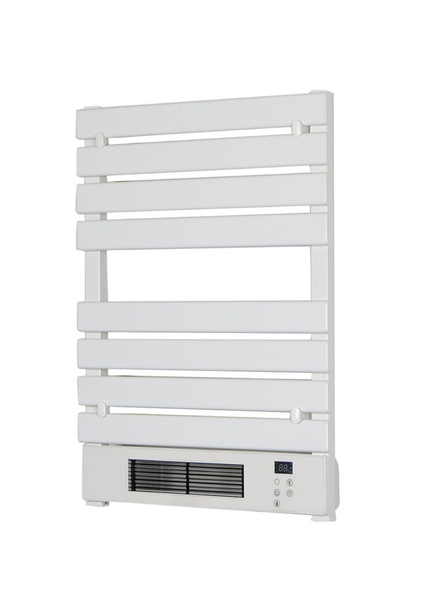 White aluminum heated towel warmer featuring rapid PTC fan heating technology for quick towel drying.