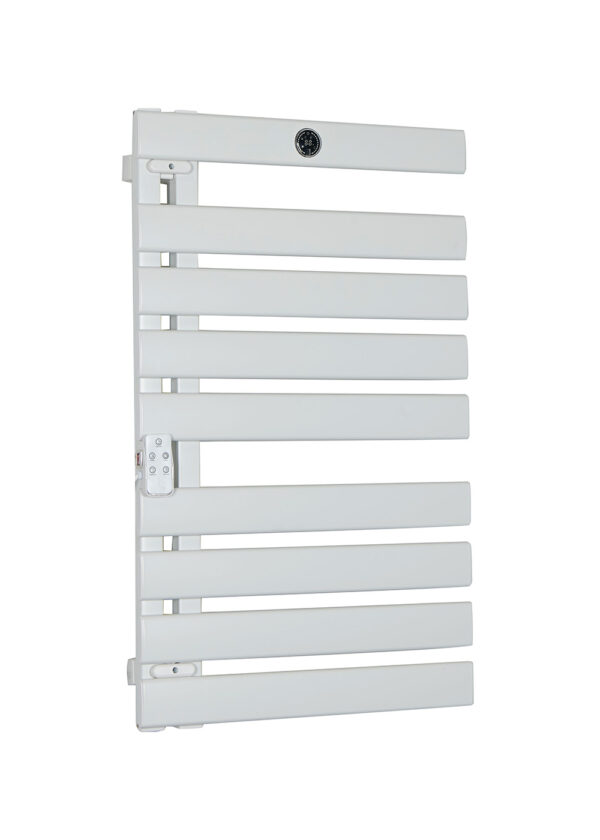 500W aluminum electric towel warmer with digital LED screen and IP24 waterproof rating.