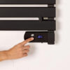 ip24-waterproof-towel-warmer-led-timer-control IP24 waterproof electric towel warmer with smart LED digital timer and control panel.