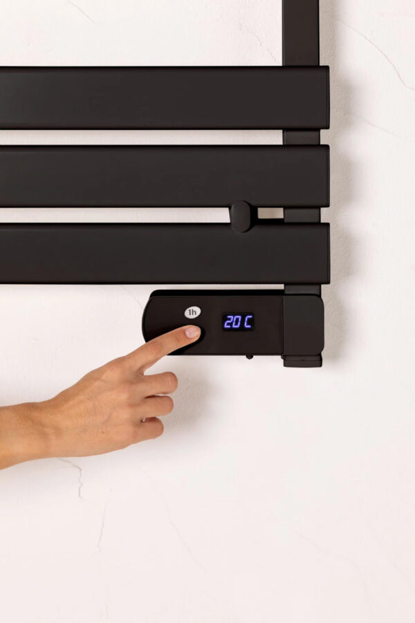 ip24-waterproof-towel-warmer-led-timer-control IP24 waterproof electric towel warmer with smart LED digital timer and control panel.