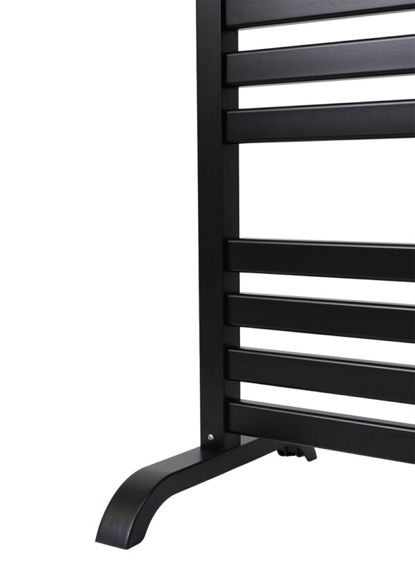Freestanding aluminum electric towel warmer with square tubes and stable floor-mount base.