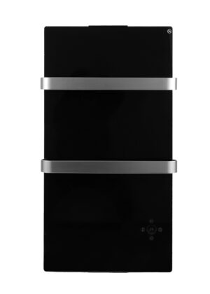 Smart 600W black glass towel heater featuring WiFi touch control and X-type heating element.
