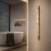 Vertical heated towel rack single bar brushed stainless steel on white background