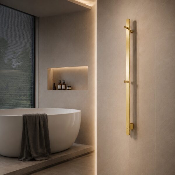 Vertical heated towel rack single bar brushed stainless steel on white background