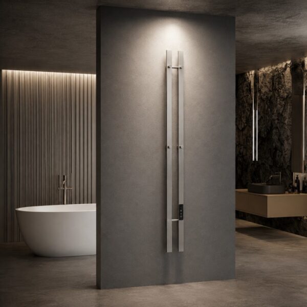vertical-2-bar-electric-heated-towel-rack-brushed-stainless-steel-led-screen.jpg Vertical 2-bar heated towel rack brushed stainless steel with LED screen on white background