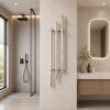 Vertical 3-bar heated towel rack 100% aluminum brushed finish on white background