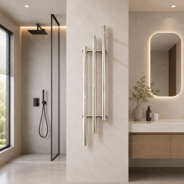 Vertical 3-bar heated towel rack 100% aluminum brushed finish on white background