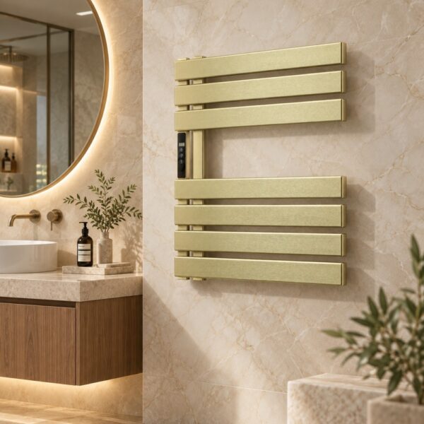 renowell-luxury-gold-wall-mounted-electric-towel-warmer-designer-bathroom.jpg Luxury gold wall mounted electric towel warmer in modern designer bathroom