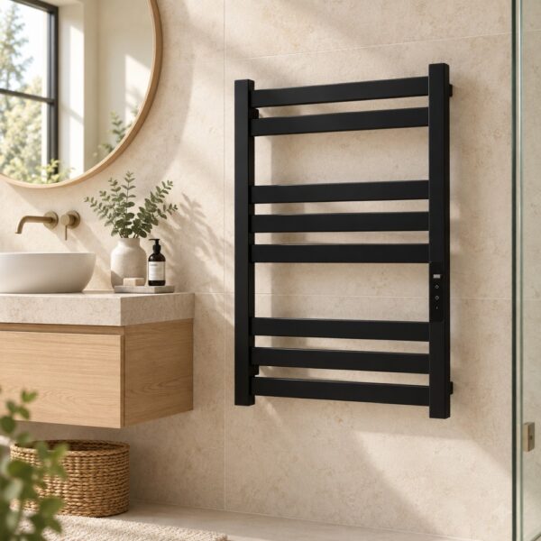 renowell-matte-black-electric-towel-warmer-led-screen-modern-marble-bathroom.jpg Matte black electric towel warmer with LED screen in modern marble bathroom