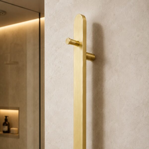 Wall mounted electric towel warmer warming towels in modern bathroom