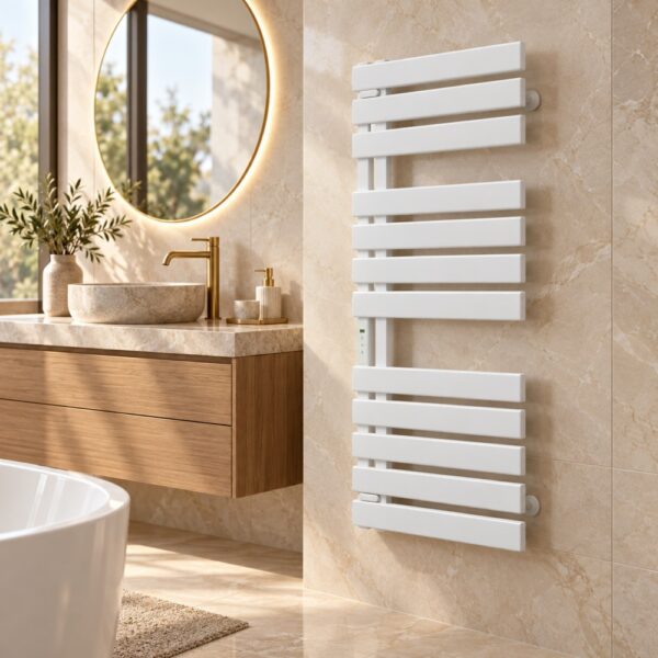 White wall mounted electric towel warmer with LED display in modern minimalist bathroom