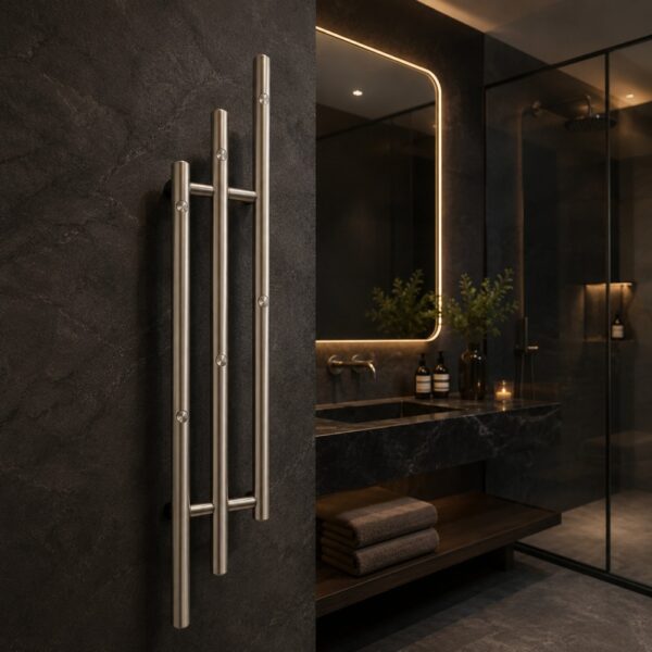 Wall mounted 3-bar electric towel warmer drying multiple towels in modern bathroom