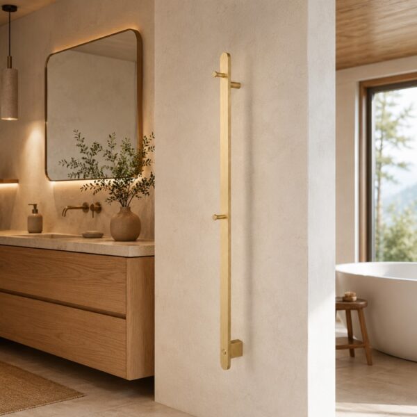 Brushed stainless steel towel warmer button control panel close-up view