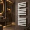 Heated towel rack LED touch panel and matte white finish close-up