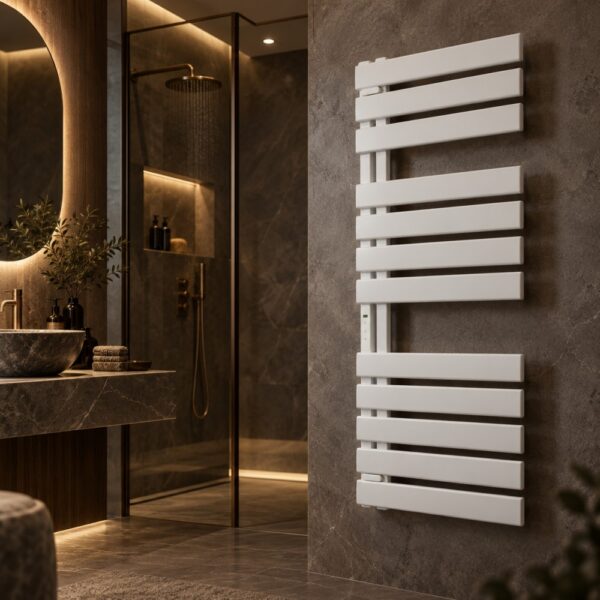 Heated towel rack LED touch panel and matte white finish close-up