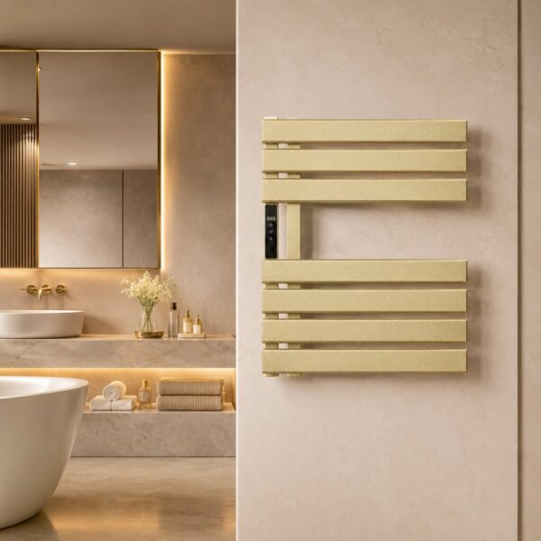 renowell-designer-gold-towel-warmer-24h-timer-boutique-hotel-bathroom.jpg Designer gold towel warmer with 24H timer in boutique hotel bathroom