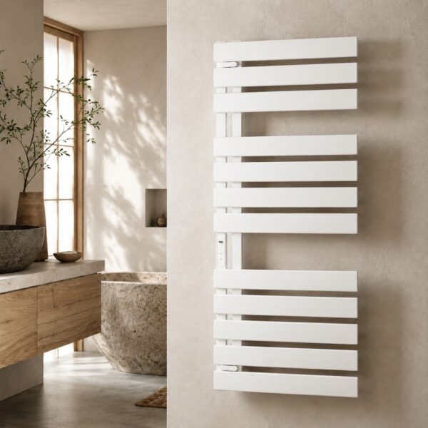 Designer white towel warmer with 24H timer in boutique hotel bathroom
