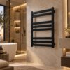 renowell-energy-efficient-matte-black-towel-warmer-24h-timer-hotel-bathroom.jpg Energy efficient matte black towel warmer with 24H timer in hotel bathroom