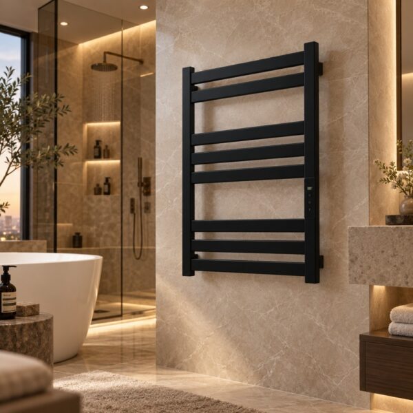 renowell-energy-efficient-matte-black-towel-warmer-24h-timer-hotel-bathroom.jpg Energy efficient matte black towel warmer with 24H timer in hotel bathroom