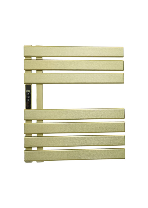 renowell-champagne-gold-designer-heated-towel-rack-brushed-aluminum-white-background Champagne gold designer heated towel rack brushed aluminum on white background