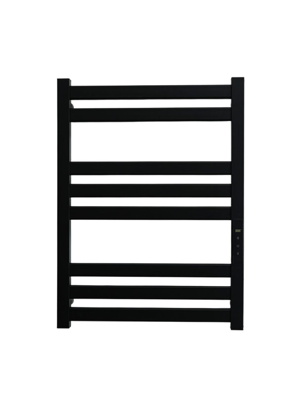 renowell-matte-black-heated-towel-rack-powder-coated-wall-mounted-white-background Matte black heated towel rack powder coated finish wall mounted on white background