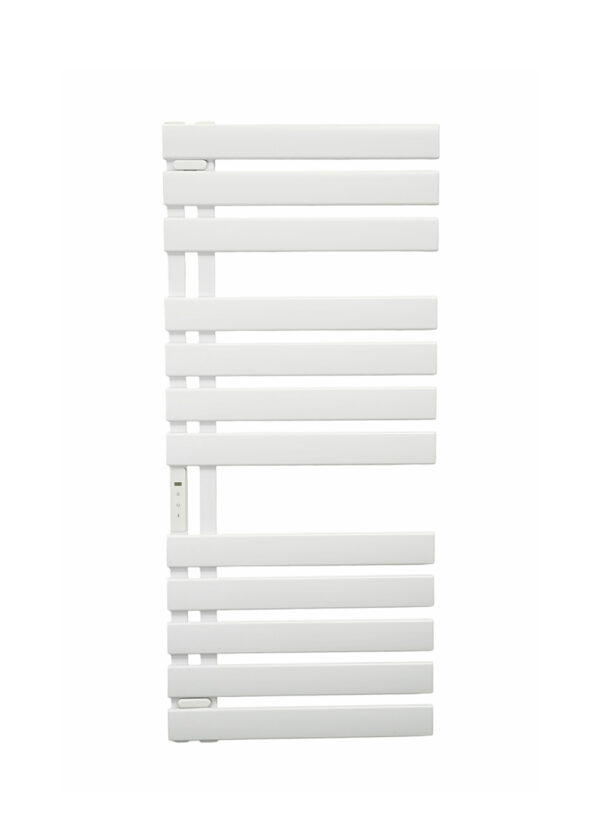 Matte white designer heated towel rack powder coated finish on white background